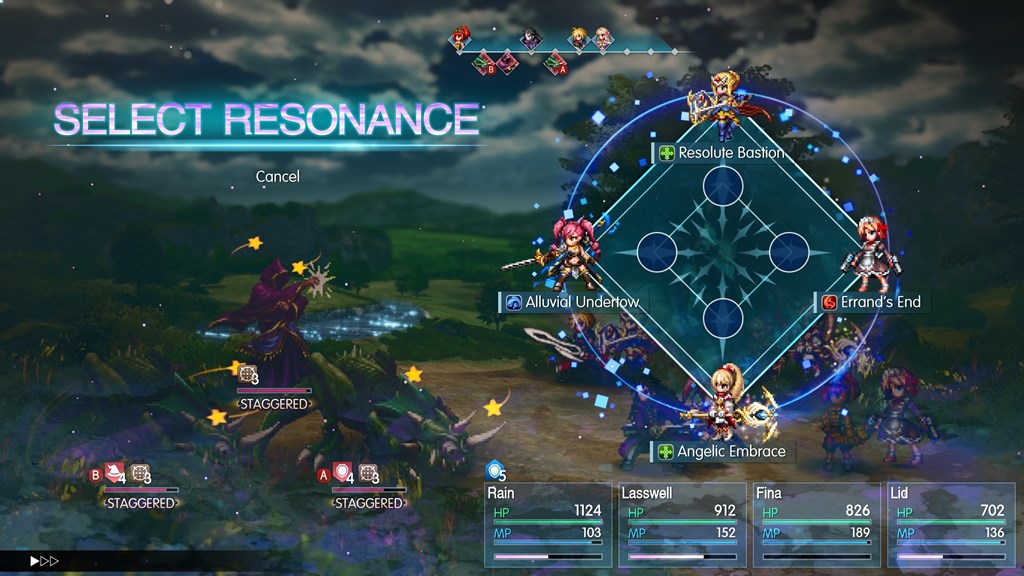 Final Fantasy Resonance mostra o sistema de seleção de habilidades Resonance durante batalha